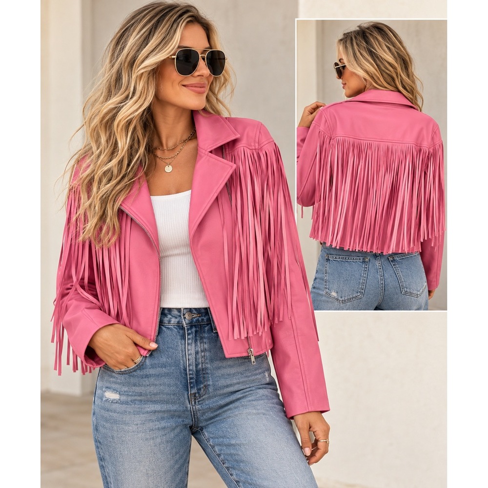 Blue B Collection Pink Faux Leather Fringe Moto Jacket Western Style M Barbie